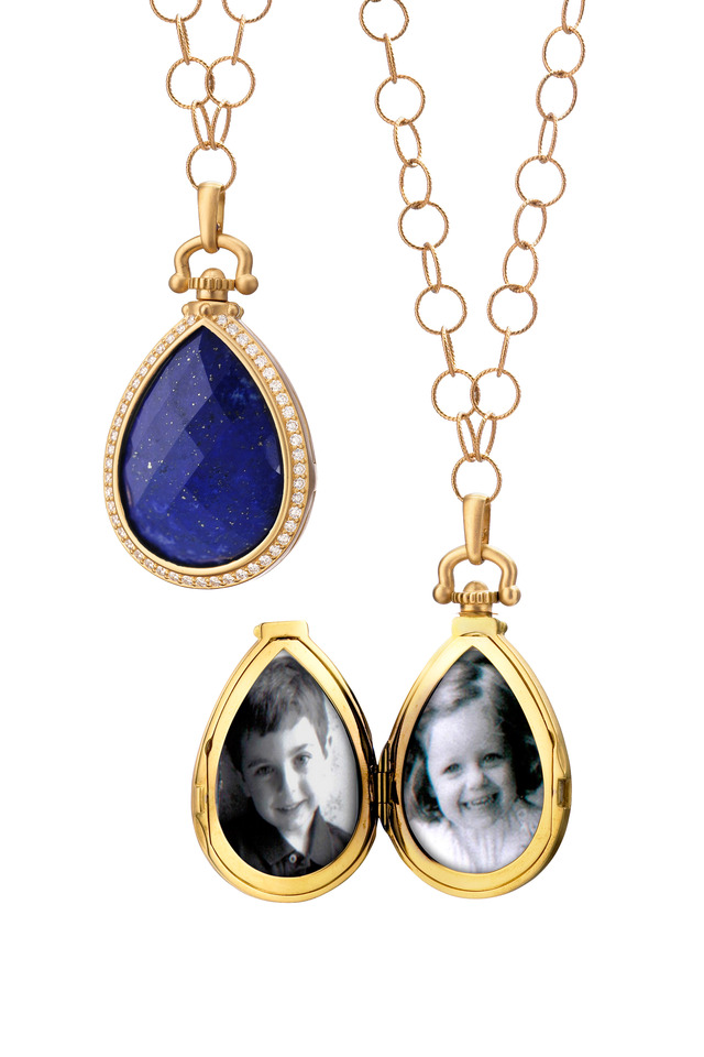 Yellow Gold Teardrop Lapis Diamond Locket