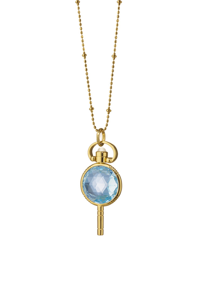 Gold Blue Topaz Pocket Watch Key Necklace