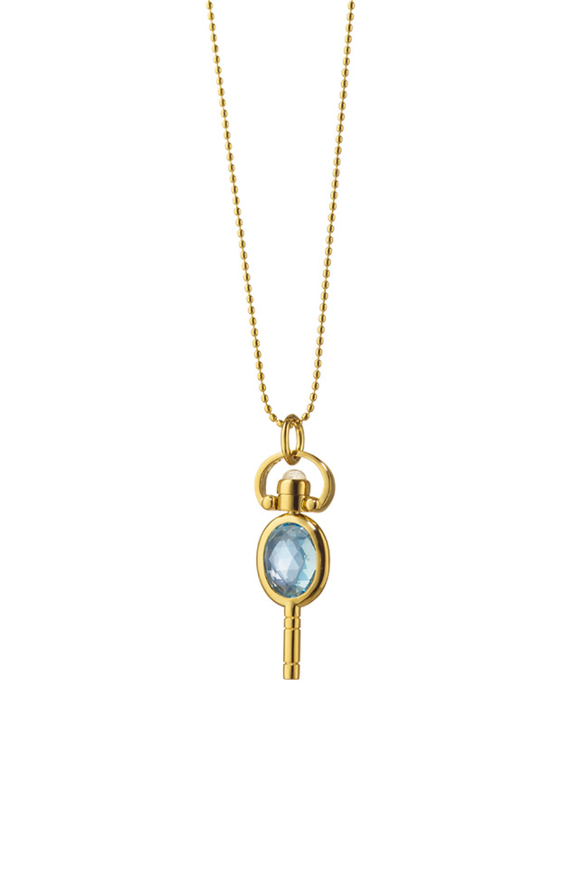 Gold Blue Topaz Oval Pocket Watch Key Necklace