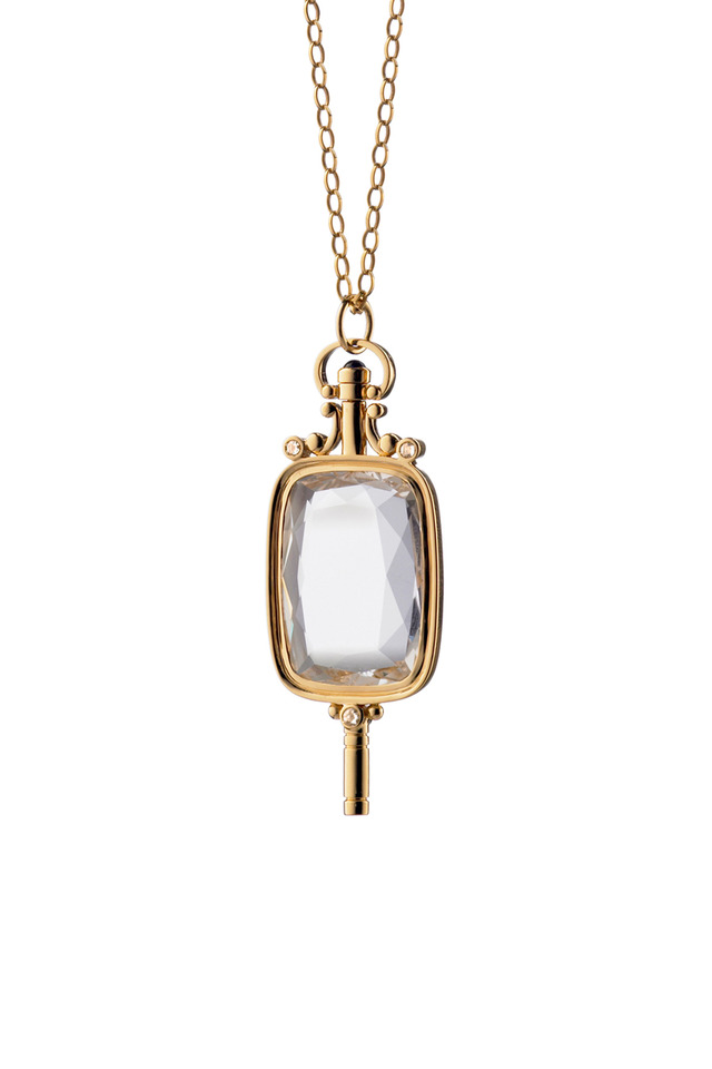 Yellow Gold Crystal Pocket Watch Key Necklace