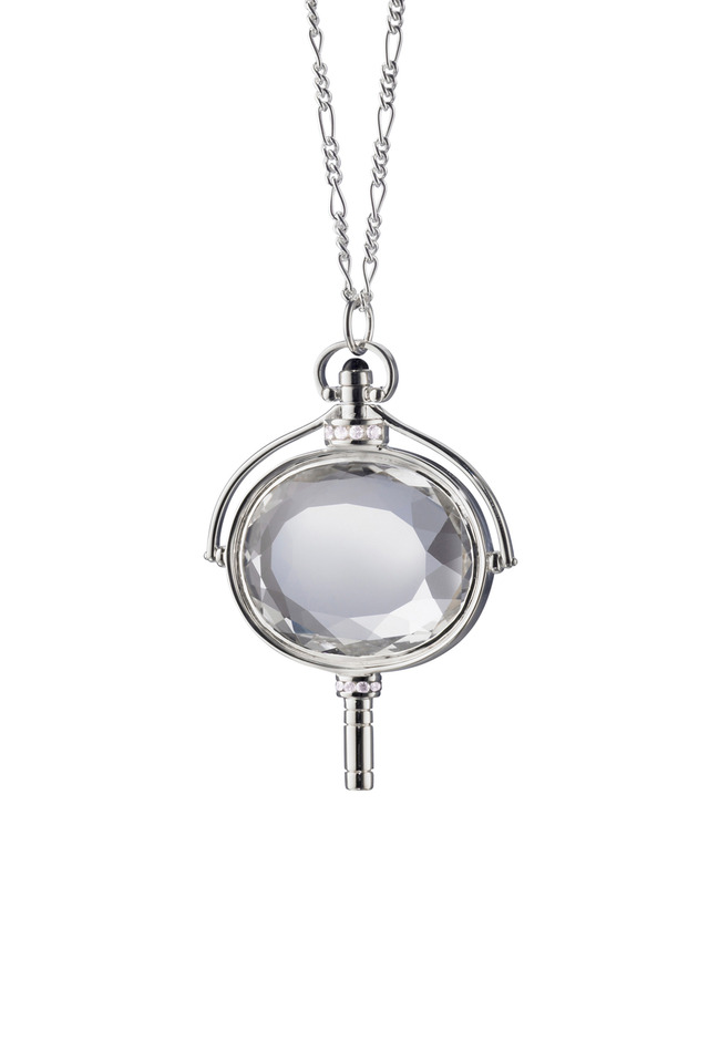 Silver Spinning Oval Pocket Watch Key Necklace