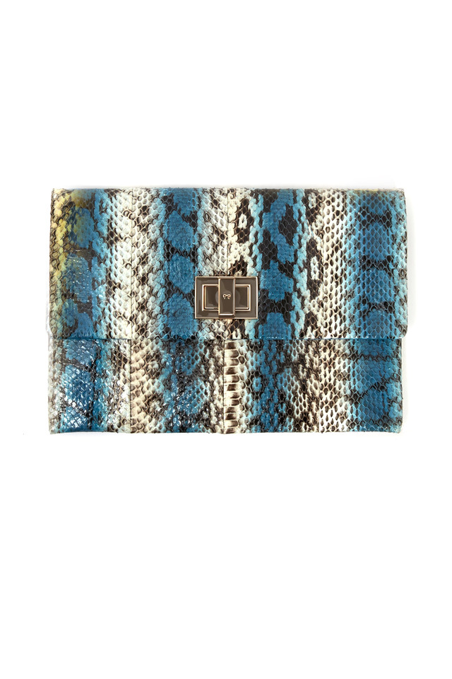 Valorie Blue And White Snakeskin Stripe Clutch