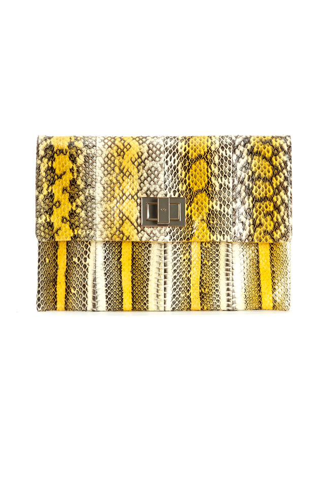 Valorie Yellow And White Snakeskin Stripe Clutch