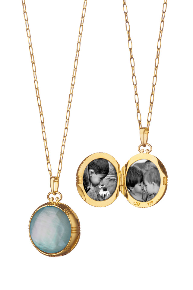 Gold Blue Topaz & Mother of Pearl Locket Necklace