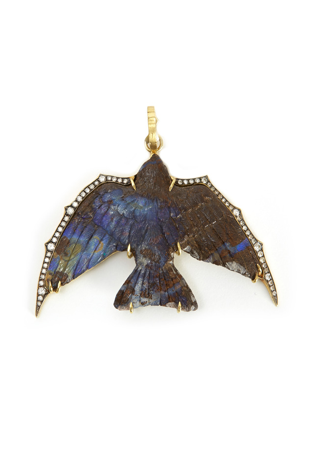 Yellow Gold Carved Opal Swallow Pendant