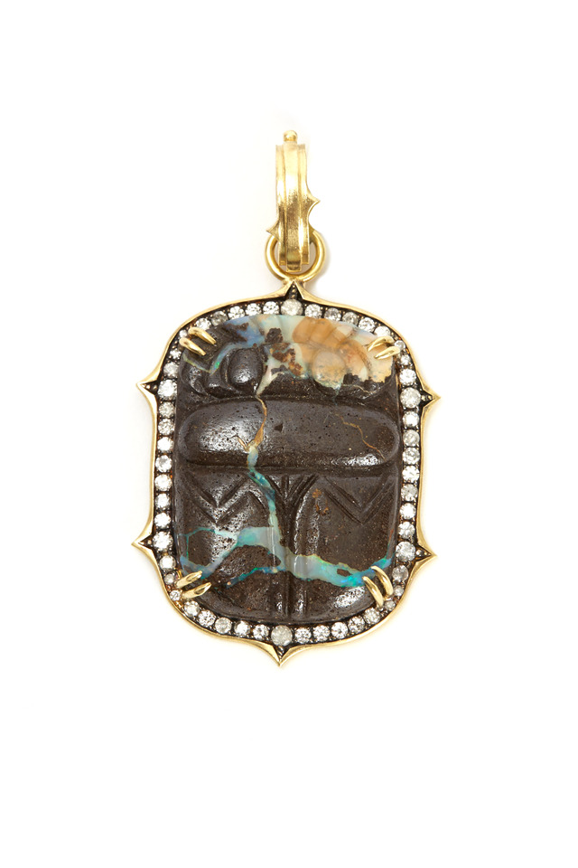 Gold Carved Opal Scarab Diamond Pendant