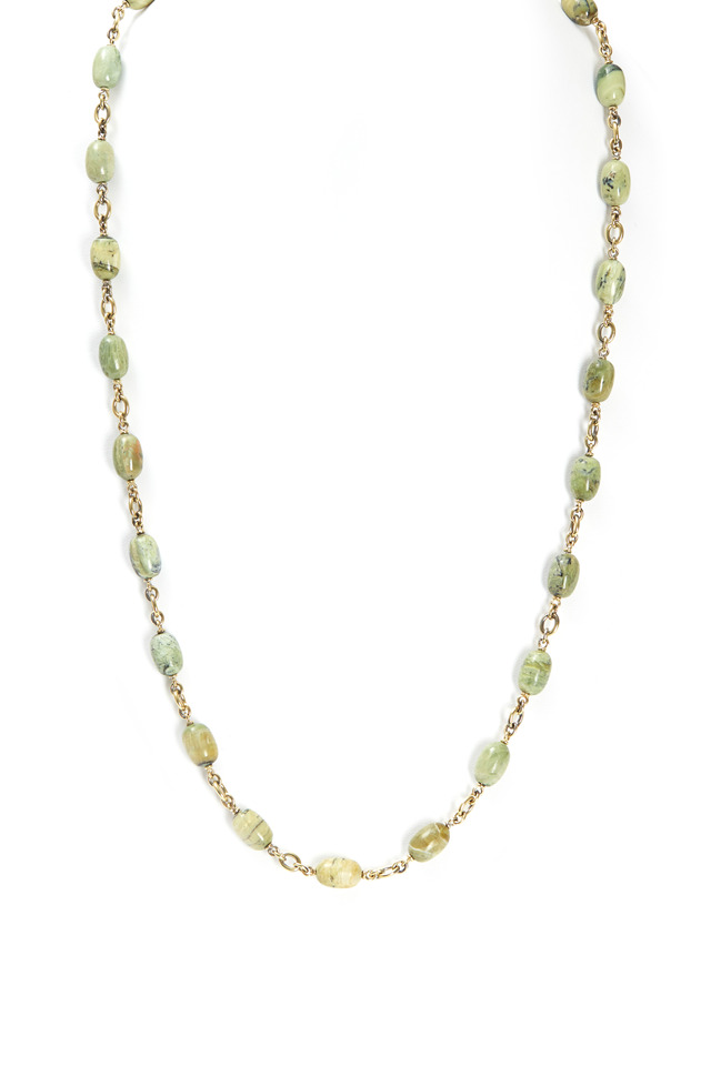Yellow Gold Catseye Green Opal Bead Necklace
