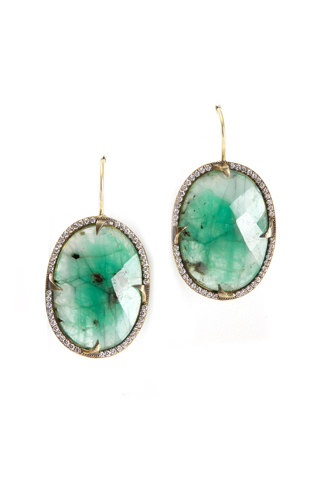 Yellow Gold Oval Emerald Slice Diamond Earrings