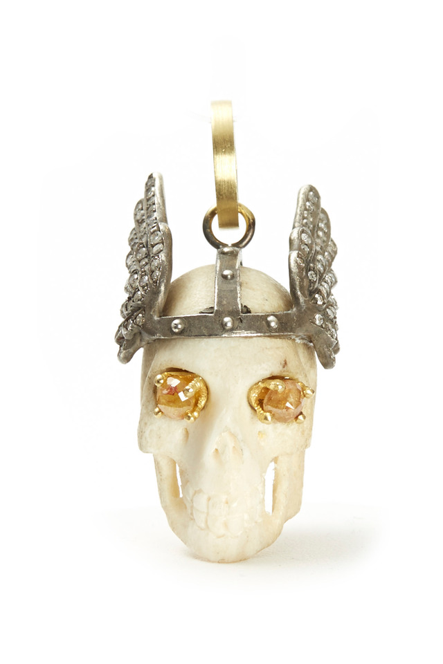 18K Yellow Gold Diamond Winged Skull Pendant