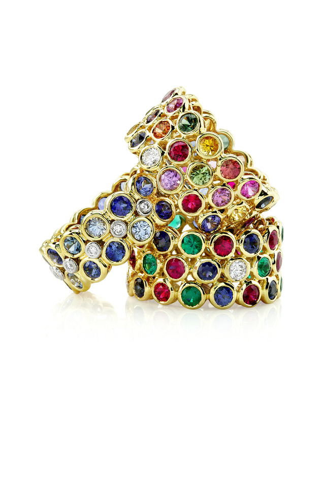 Yellow Gold Three Row Gemstone Ring