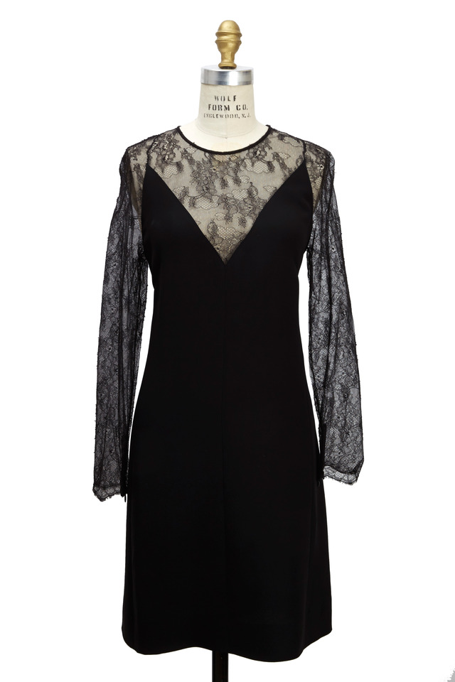 Black Cady Long Sleeve Lace V-Neck Dress