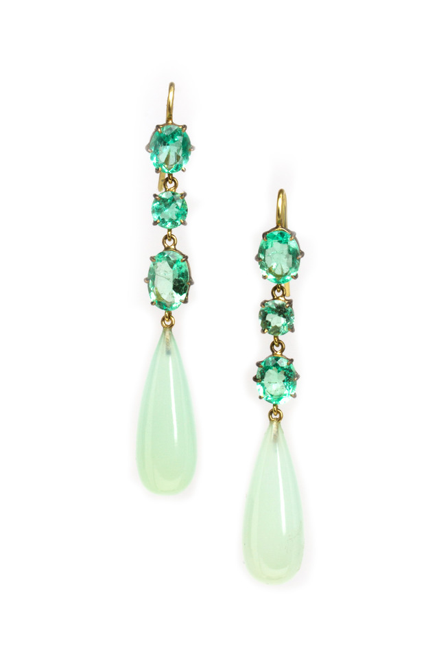 Gold Emerald And Chalcedony Drop Earrings
