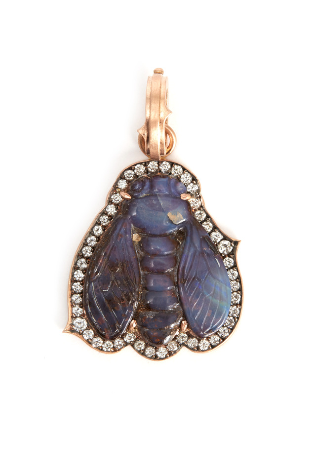 14K Rose Gold Hand Carved Opal & Diamond Pendant