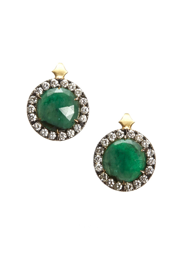 Gold & Silver Emerald Button Earrings