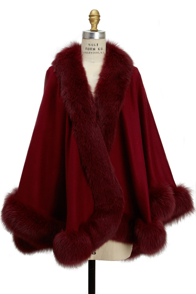 Burgundy Cashmere Fox Trim Cape