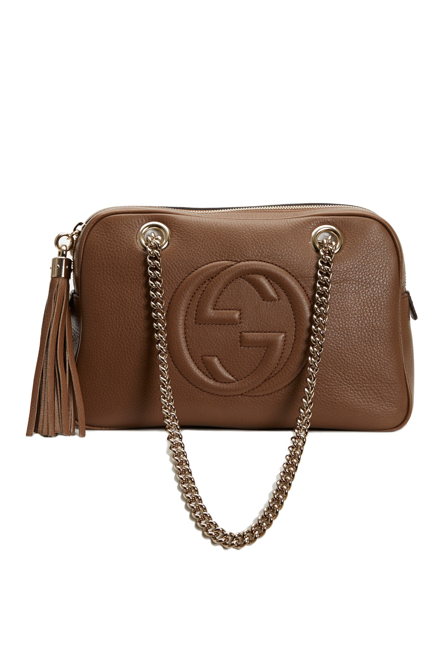 Soho Brown Leather Double Chain Strap Shoulder Bag