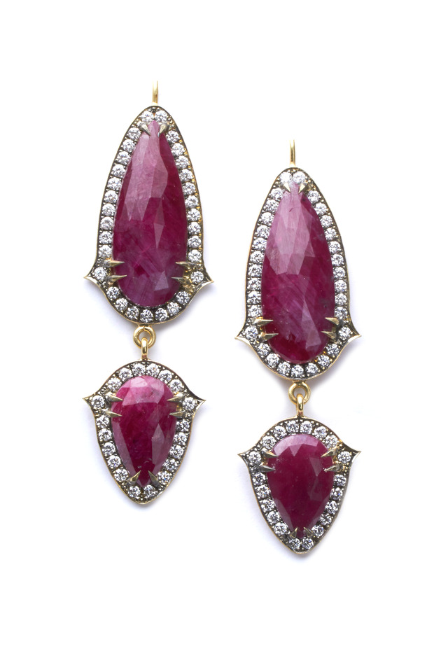 Yellow Gold Ruby Diamond Drop Earrings