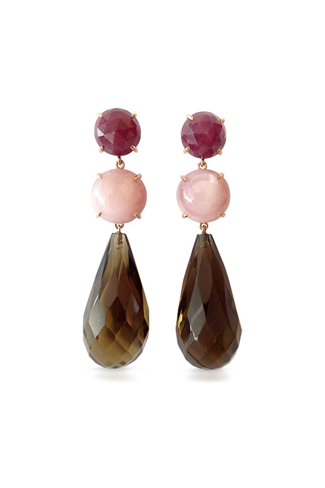 Gold Mother Of Pearl Smokey Topaz & Ruby Earrings