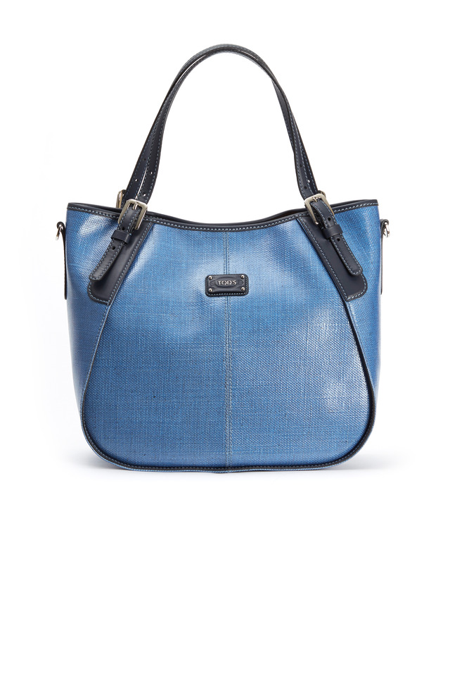 Light Blue Coated Linen Leather Trim Handbag