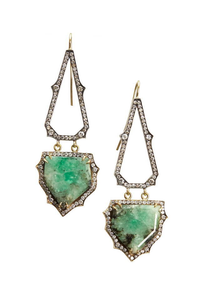 18K Yellow Gold Emerald & Diamond Drop Earrings
