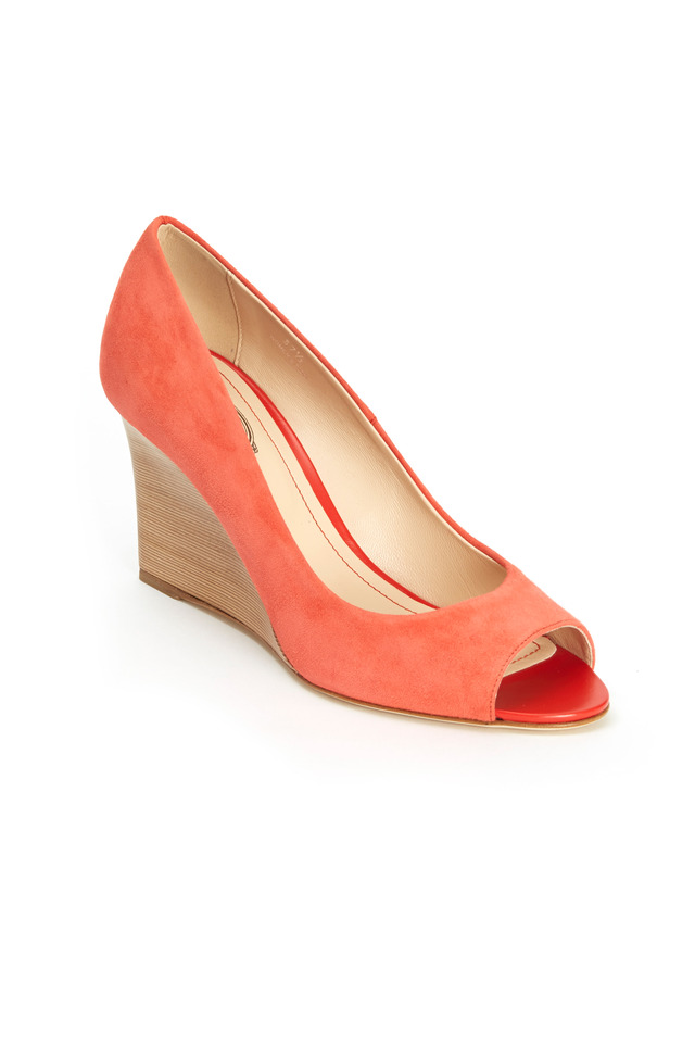 Coral Suede Peep-Toe Wedges