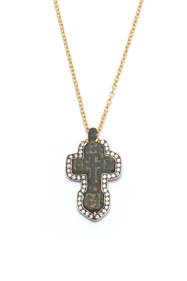 Gold Russian Icon Cross Diamond Pendant Necklace