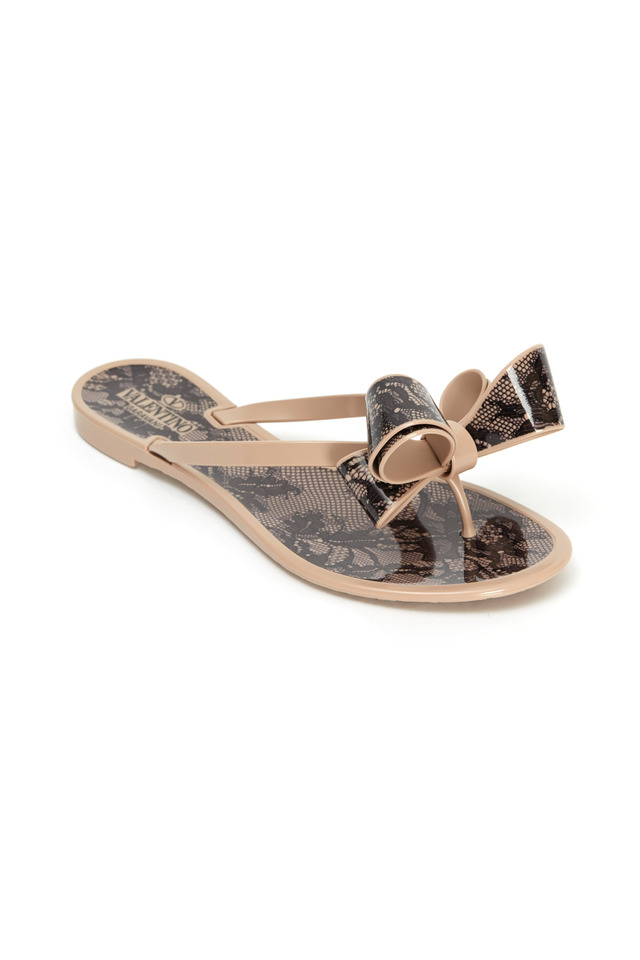 Bow Beige & Black Lace Jelly Thong Sandals