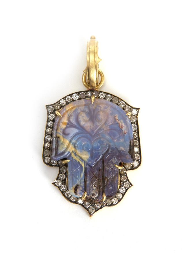 Yellow Gold Opal Hamsa Diamond Pendant