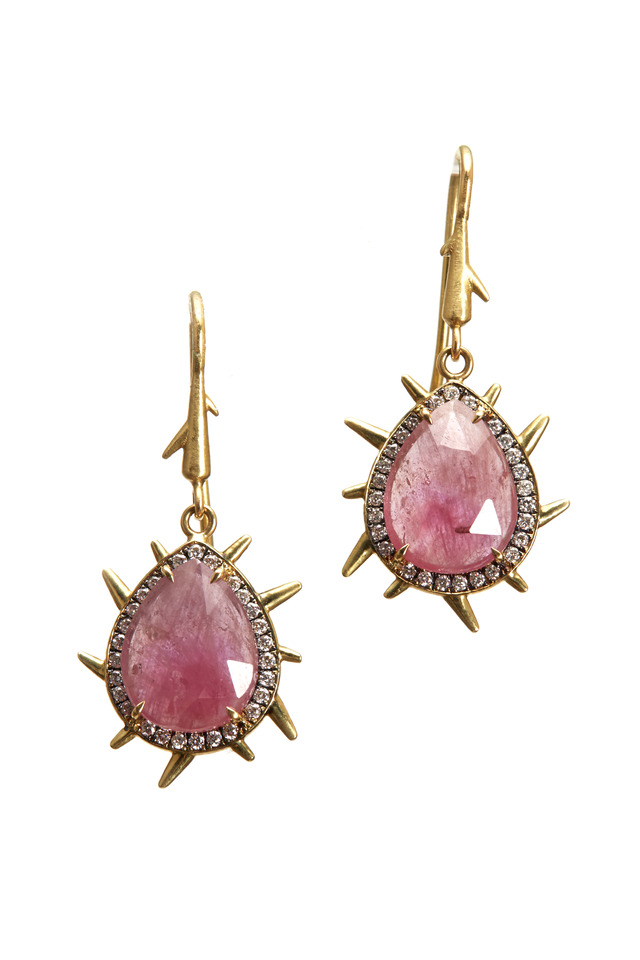 Yellow Gold Ruby Diamond Dangle Earrings