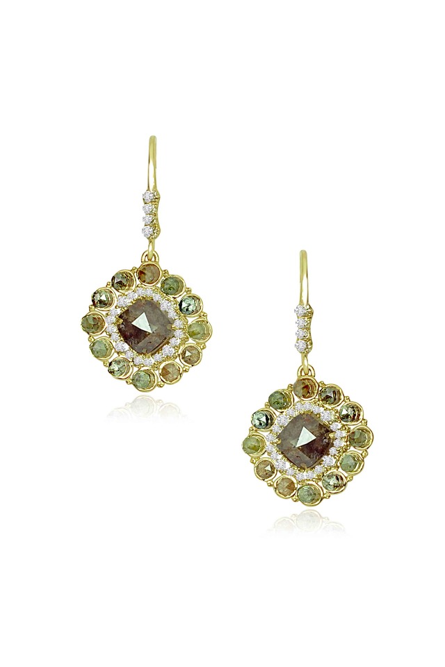 Gold Rough & White Diamond Dangle Earrings
