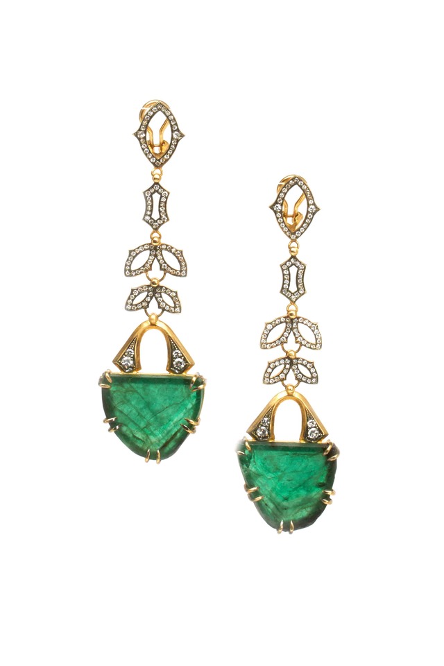 Yellow Gold Green Emerald Diamond Drop Earrings
