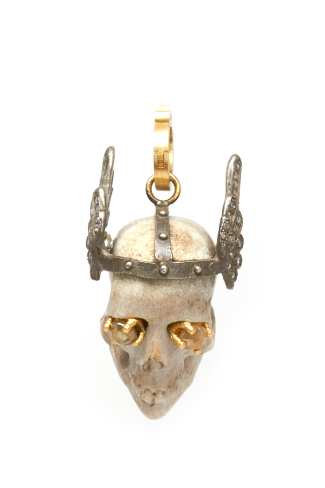 Gold & Sterling Silver Rough Diamond Skull Pendant