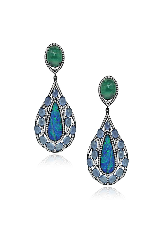 Gold Opal Emerald Sapphire Diamond Earrings