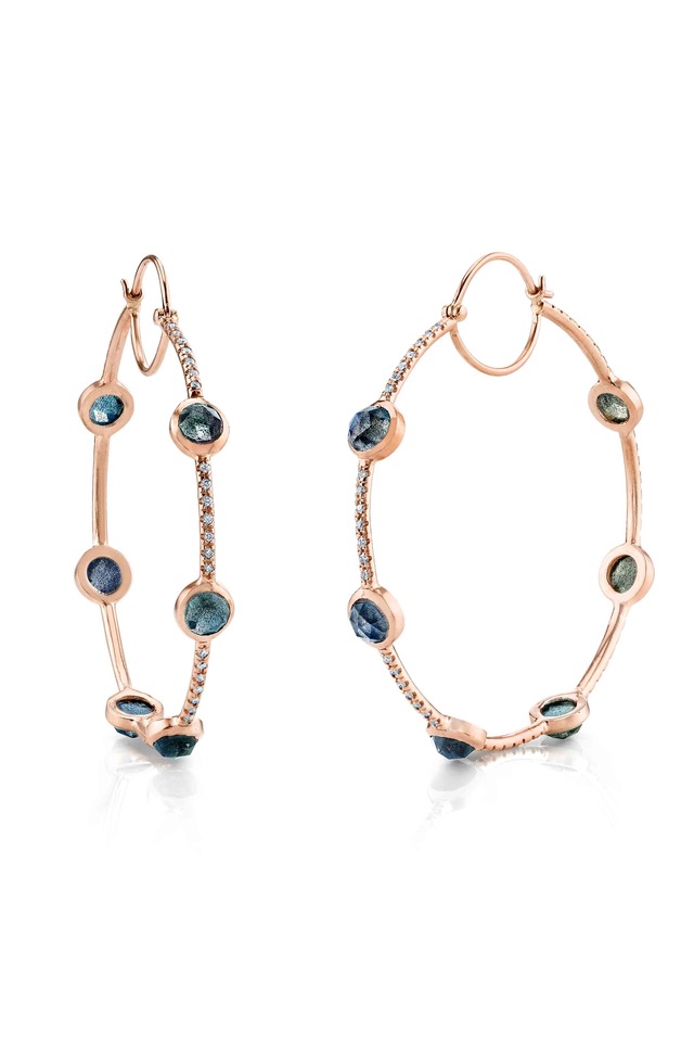 Labradorite Gemstone Rose Gold Hoop Earrings