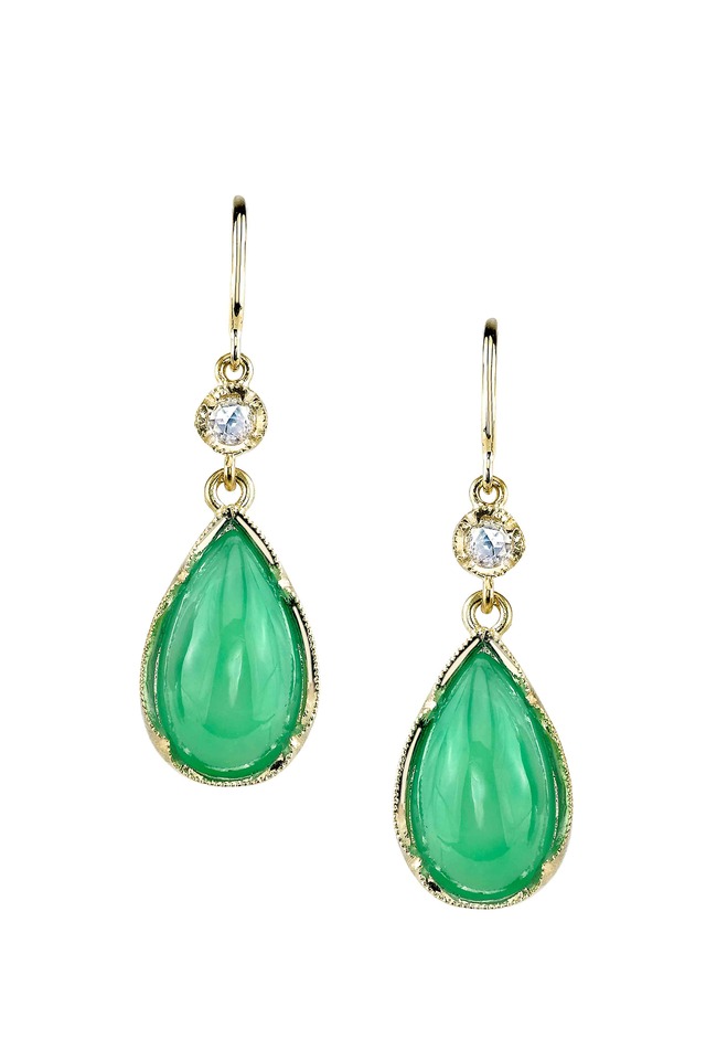 Gold Chrysoprase Diamond Dangle Earrings