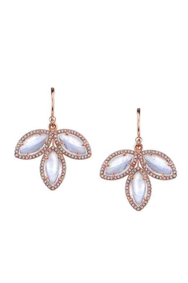 Rose Gold Triple Moonstone Diamond Earrings