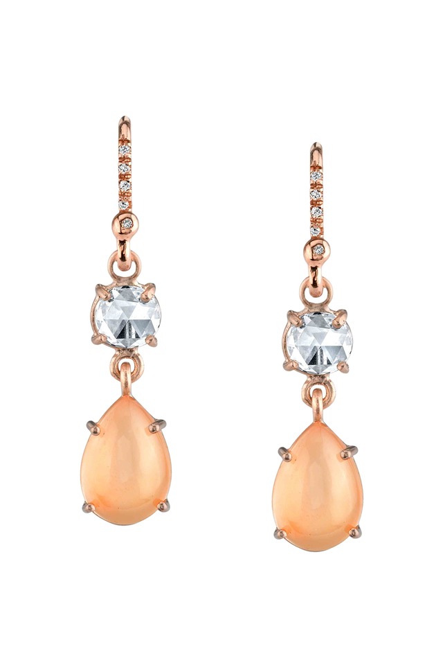 Rose Gold Peach Moonstone Diamond Earrings