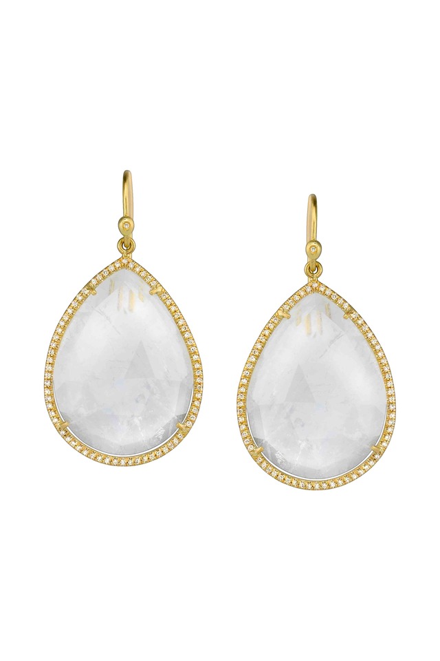 Gold Rose-Cut Rainbow Moonstone Diamond Earrings