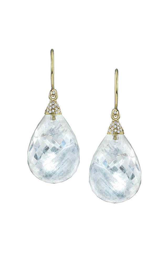 Gold Rainbow Moonstone & Pavé-Set Diamond Earrings