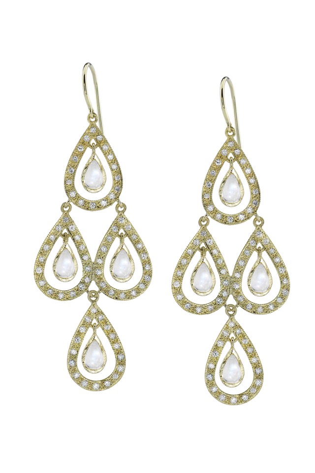 Gold Rainbow Moonstone Diamond Drop Earrings