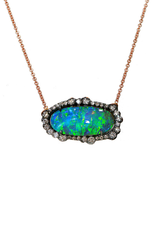 Gold Boulder Opal Diamond Pendant Necklace