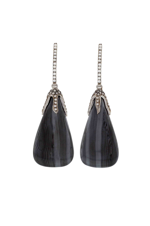 White Gold Psilomelane Diamond Dangle Earrings