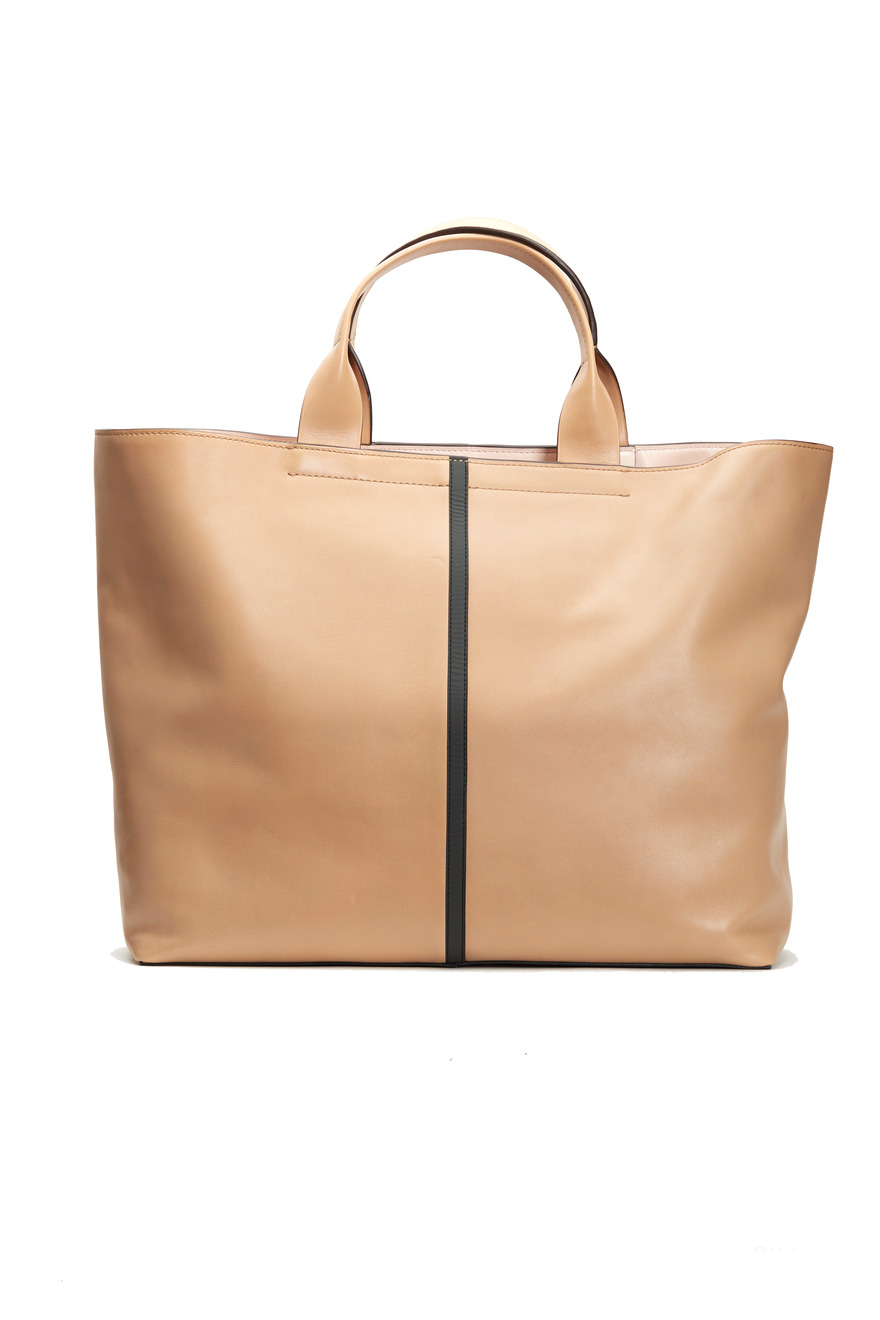Almond Leather Track Tote With Black Stripe