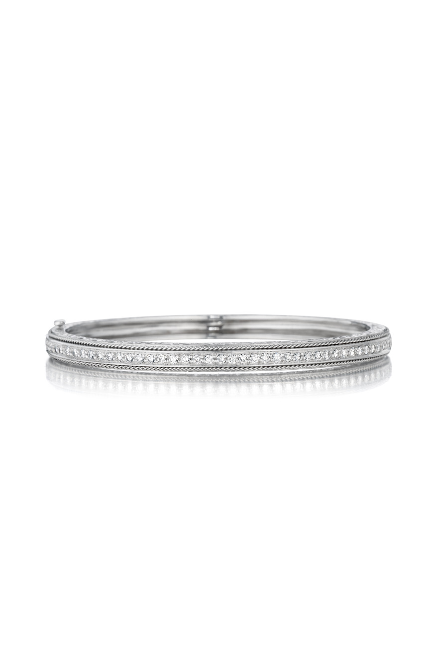 White Gold Engraved Pace Hinged Bangle, Medium