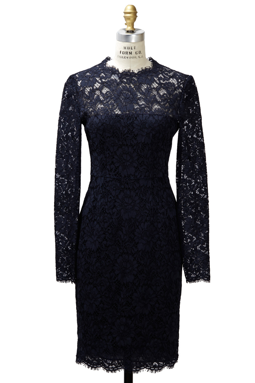 Navy Blue Long Sleeve Lace Dress