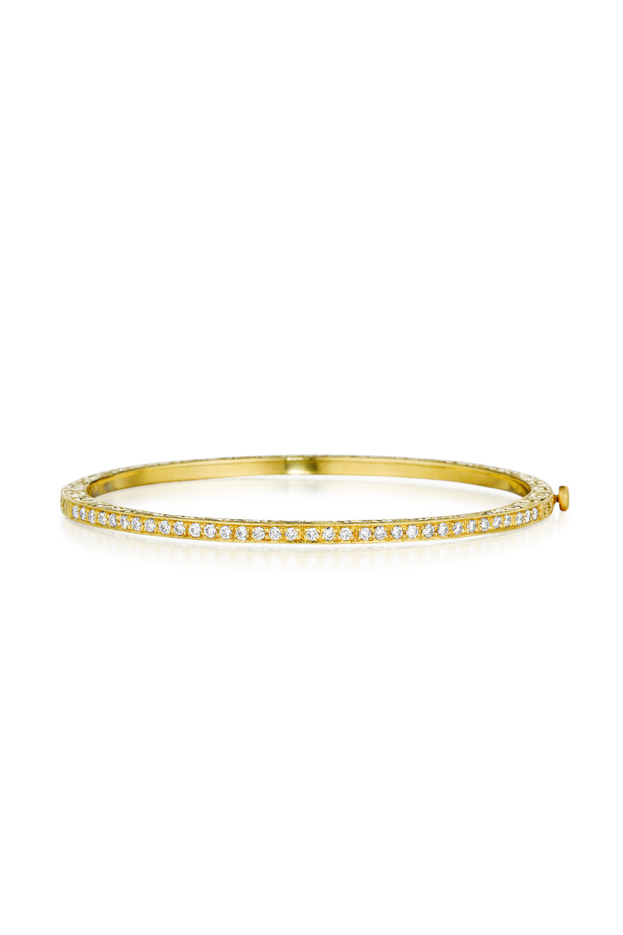 Gold Pave Diamond Thin Engraved Bangle