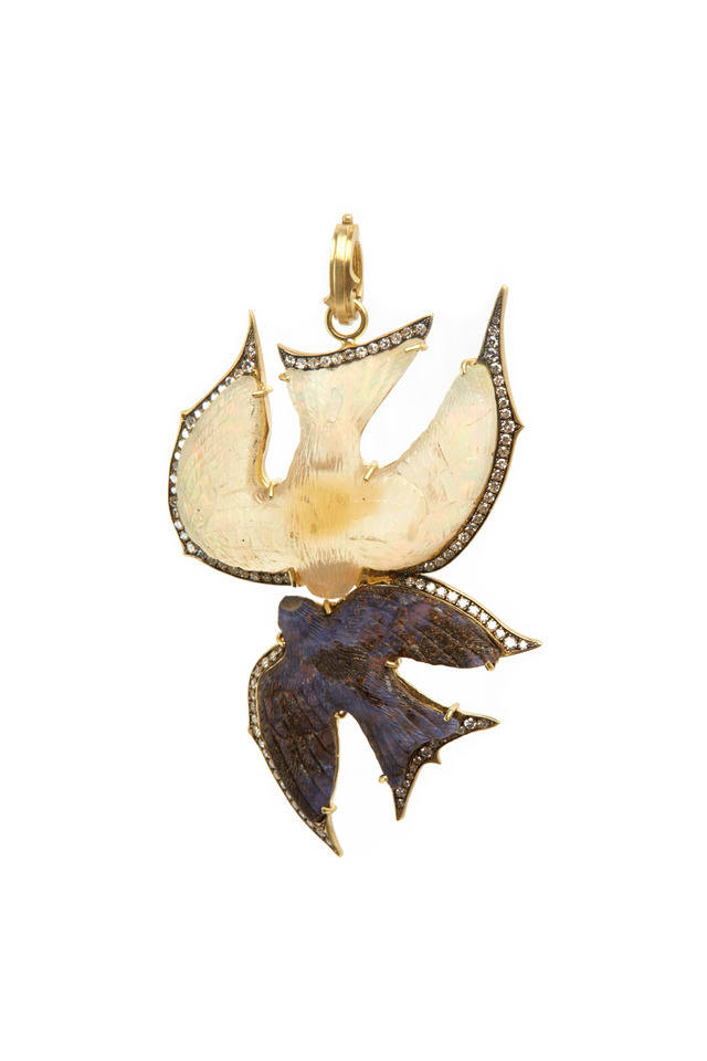 Gold Carved Opal Double Swallow Diamond Pendant