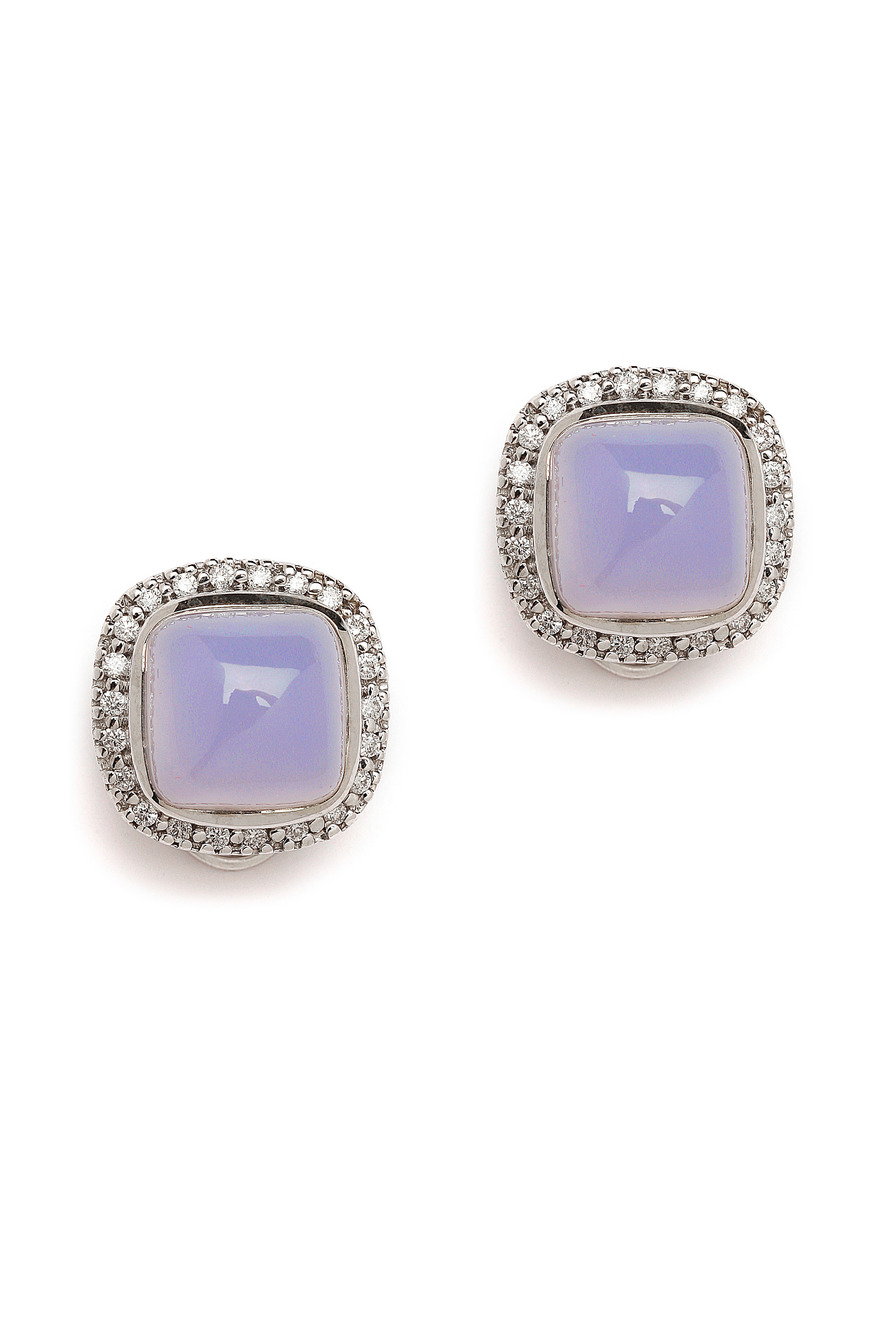 Blue Chalcedony Cabochons and Diamonds Earrings