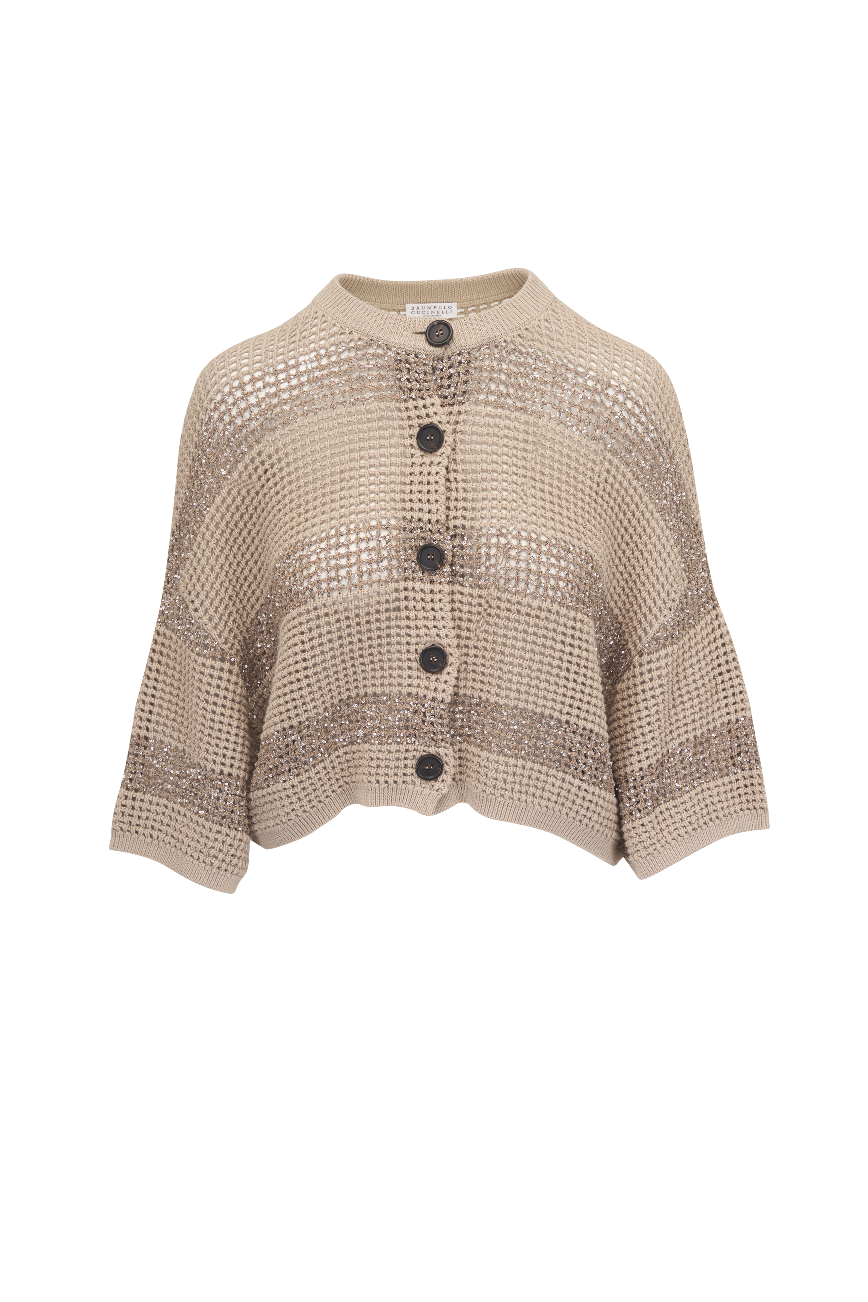 BRUNELLO CUCINELLI 半袖カーディガン Brunello Cucinelli - White Linen & Silk Paillette Crop Snap Cardigan