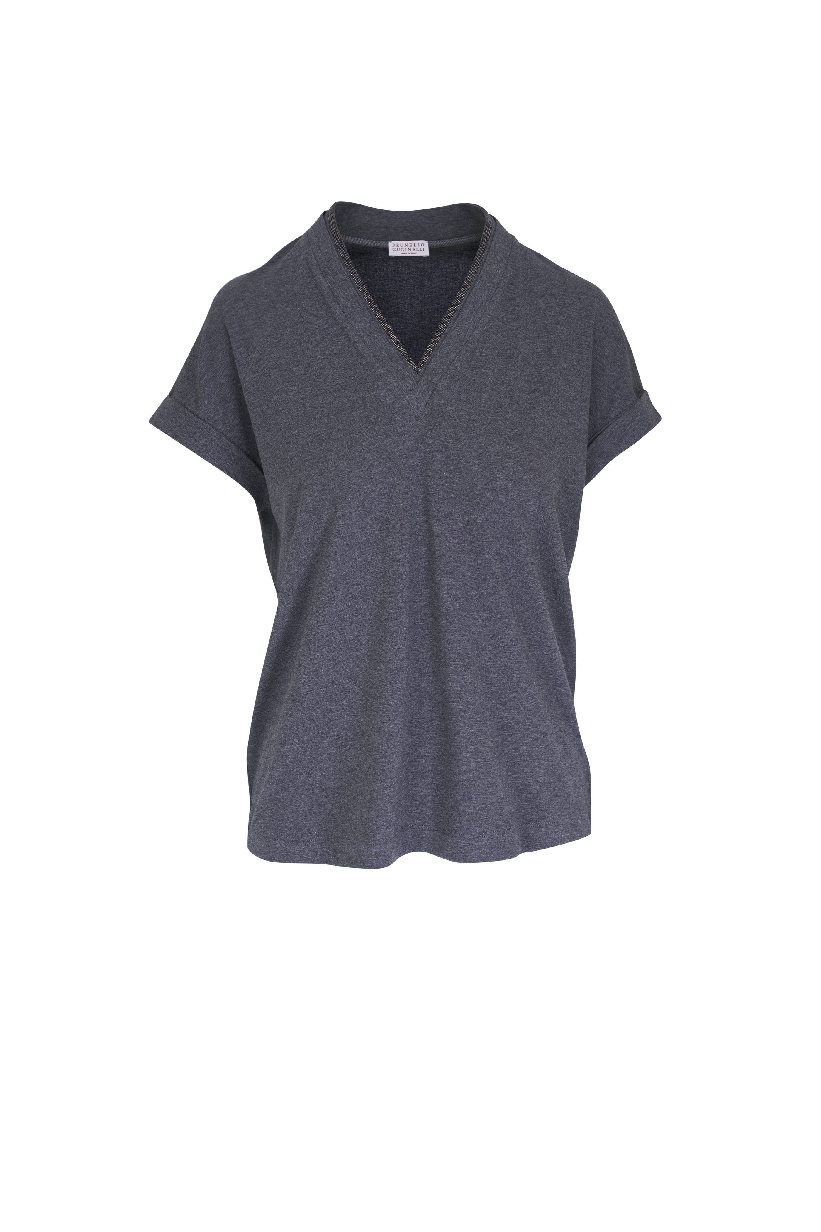Brunello Cucinelli - Pearl Gray Silk Lurex Wide Rib Knit Top
